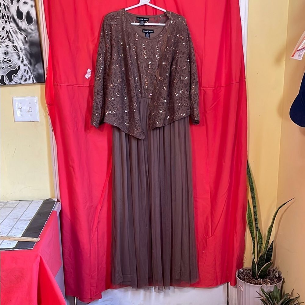 Candalite Women’s 2-Piece Dress Set 1X Brown Sequin Lace Jacket Maxi Plus Size